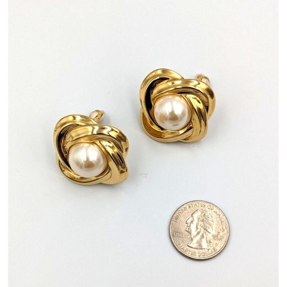 Vintage Givenchy Gold Tone Faux Pearl Statement Clip On Earrings 80's Marked - Picture 15 of 15